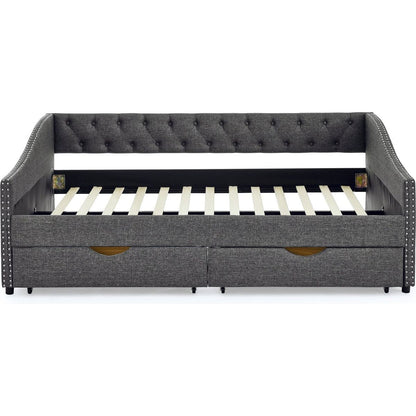 Full Size Daybed with Drawers Upholstered Tufted Sofa Bed, with Button on Back and Copper Nail on Waved Shape Arms(80.5"x55.5"x27.5")