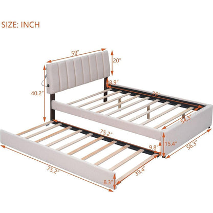 Teddy Fleece Full Size Upholstered Platform Bed with Trundle, Beige