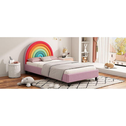 Rainbow Design Upholstered Twin Platform Bed Cute Style Princess Bed for Boys & Girls, Teens, Colorful & Pink