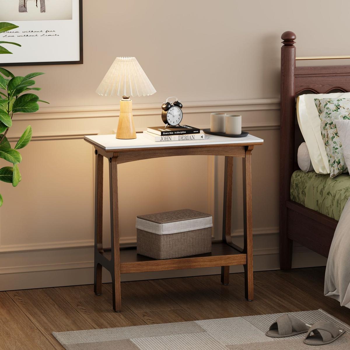 Retro Reddish Brown Narrow Slate Side Table with Storage Shelf, Small End Table for Living Room Bedroom Small Spaces Entryway Farmhouse, Slim Nightstand Bedside Table