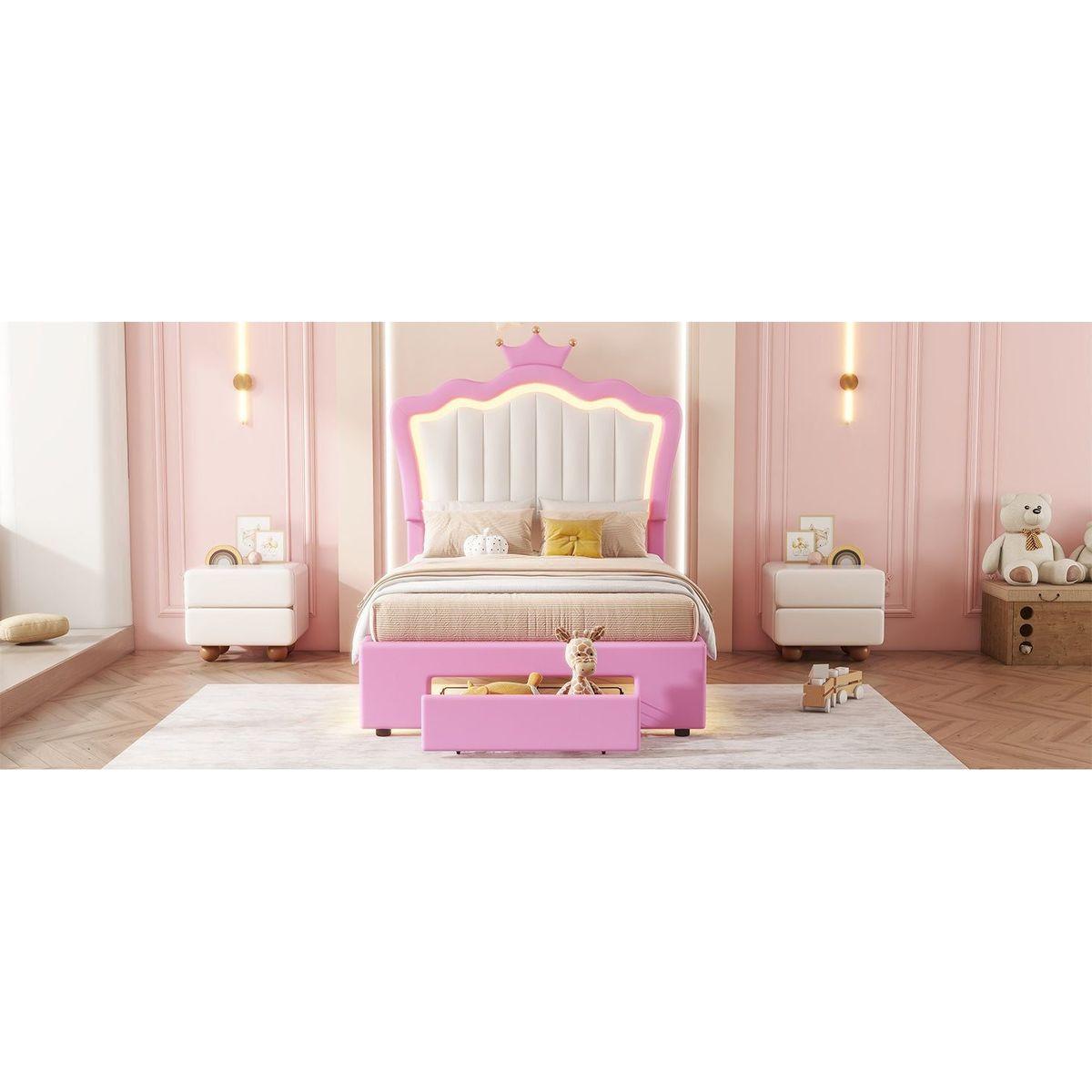 Twin Size Upholstered Bed Frame with LED Lights, Modern Upholstered Princess Bed with Crown Headboard, a Drawer, Pink+White