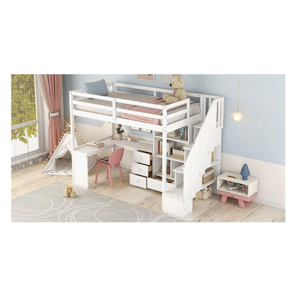 Twin Size Loft Bed with L-Shaped Desk and Drawers, Cabinet and Storage Staircase, White