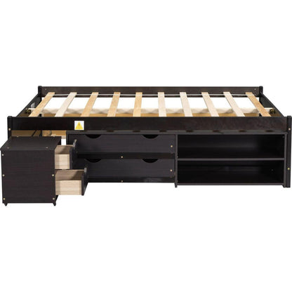 Versatile Full Bed with Trundle,Under bed Storage Box and Nightstand .Espresso