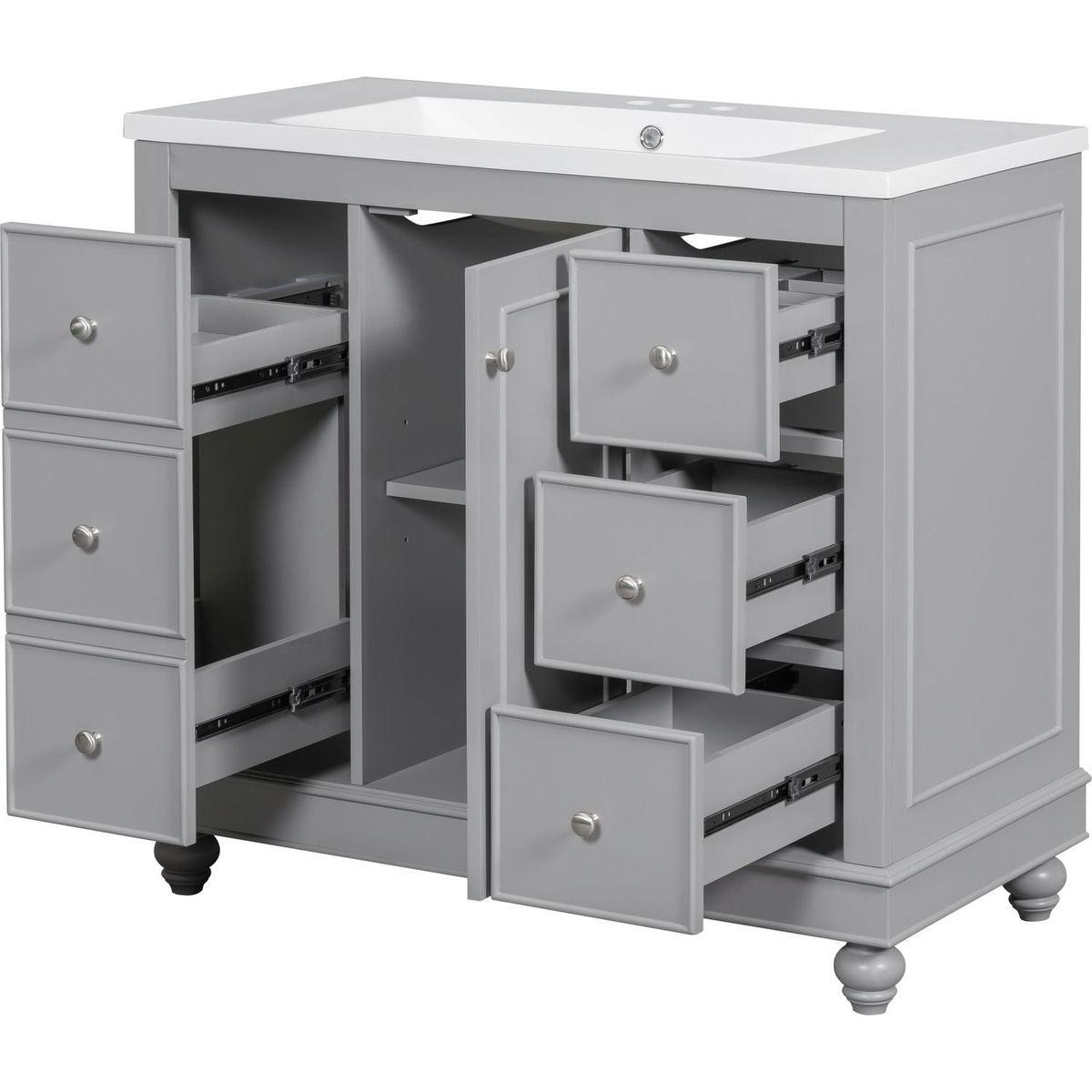 Contemporary Gray Bathroom Vanity Cabinet - 36x18x34 inches, 4 Drawers & 1 Cabinet Door, Multipurpose Storage, Resin Integrated Sink, Adjustable Shelves, Solid Wood Frame with MDF