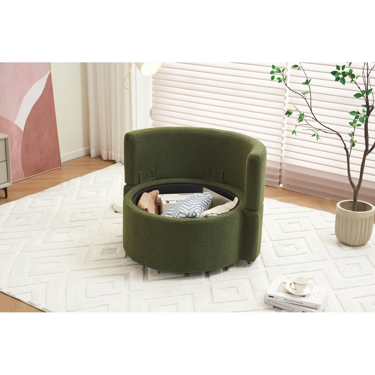 Teddy Fabric Swivel And Storage Chair With Back Cushion For Living Room,Green