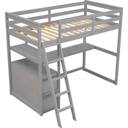 Twin Size Loft Bed with Desk and Shelves, Two Built-in Drawers, Gray