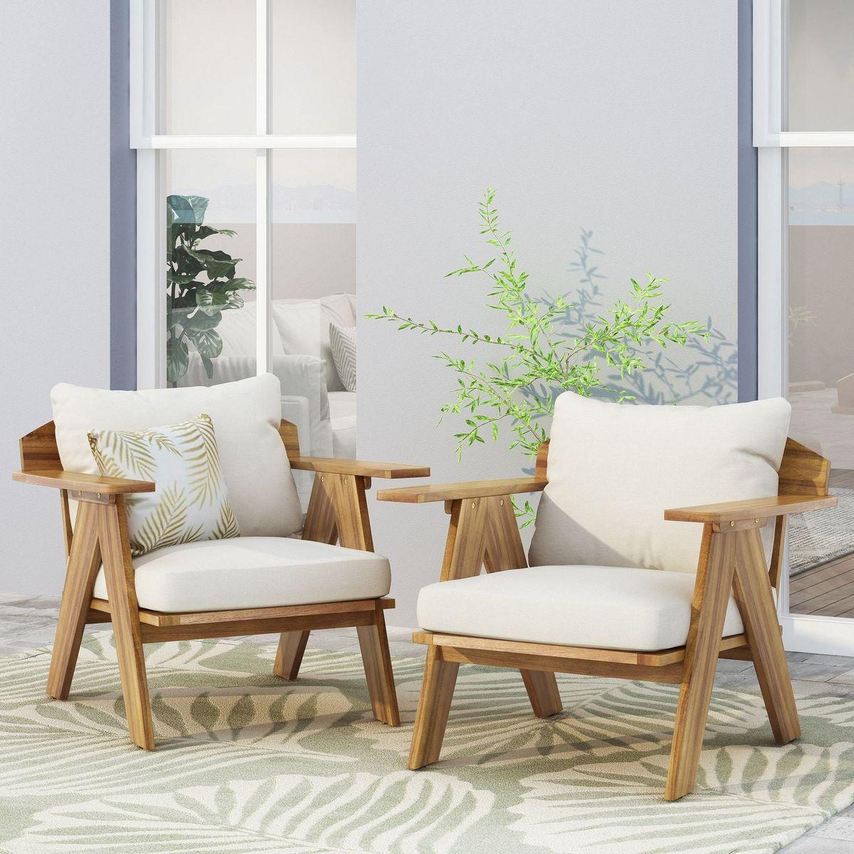 Outdoor Acacia Wood Club Chairs with Cushions (Set of 2), Teak Finish+ Beige, 30.75" W x 30.25" D x 26.00" H