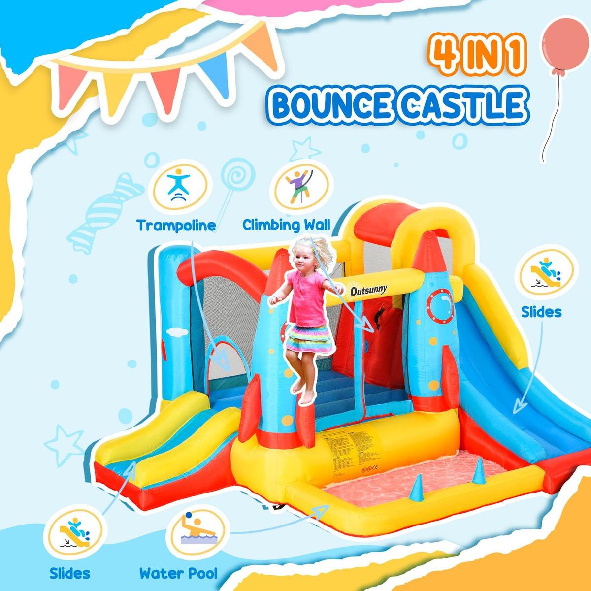 Kids Inflatable Water Slide, 4-in-1 Bounce House Jumping Castle with 2 Slides, Climbing Wall, Trampoline, & Water Pool Area, Air Blower