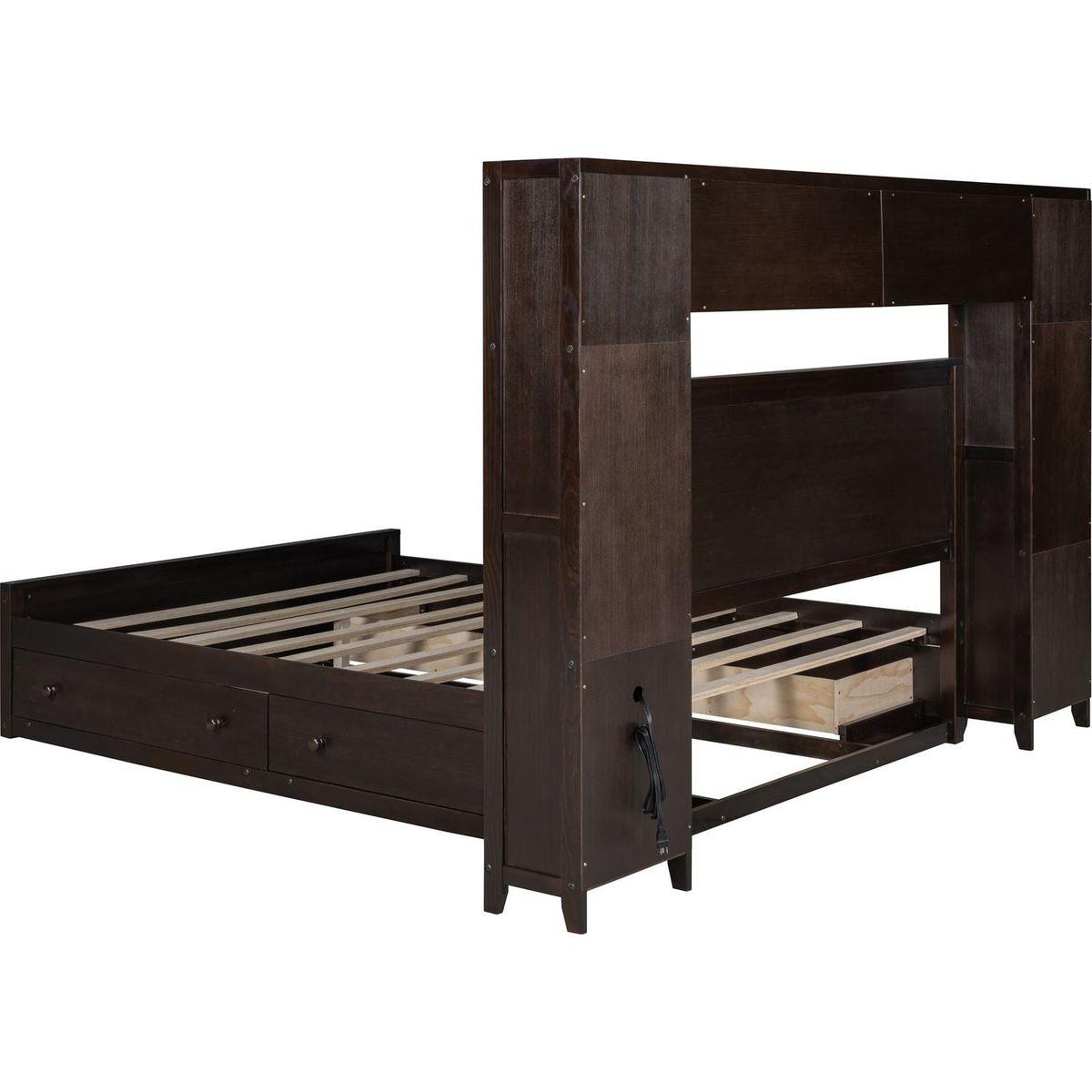 Queen Size Wooden Bed With All-in-One Cabinet, Shelf and Sockets, Espresso