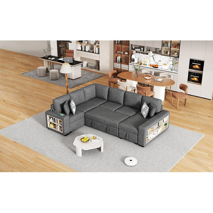 109" U-shaped Sectional Sofa Pull-out Sofa Bed with Two USB Ports, a Storage Chaise Lounge and Four Back Pillows for Living Room, Grey