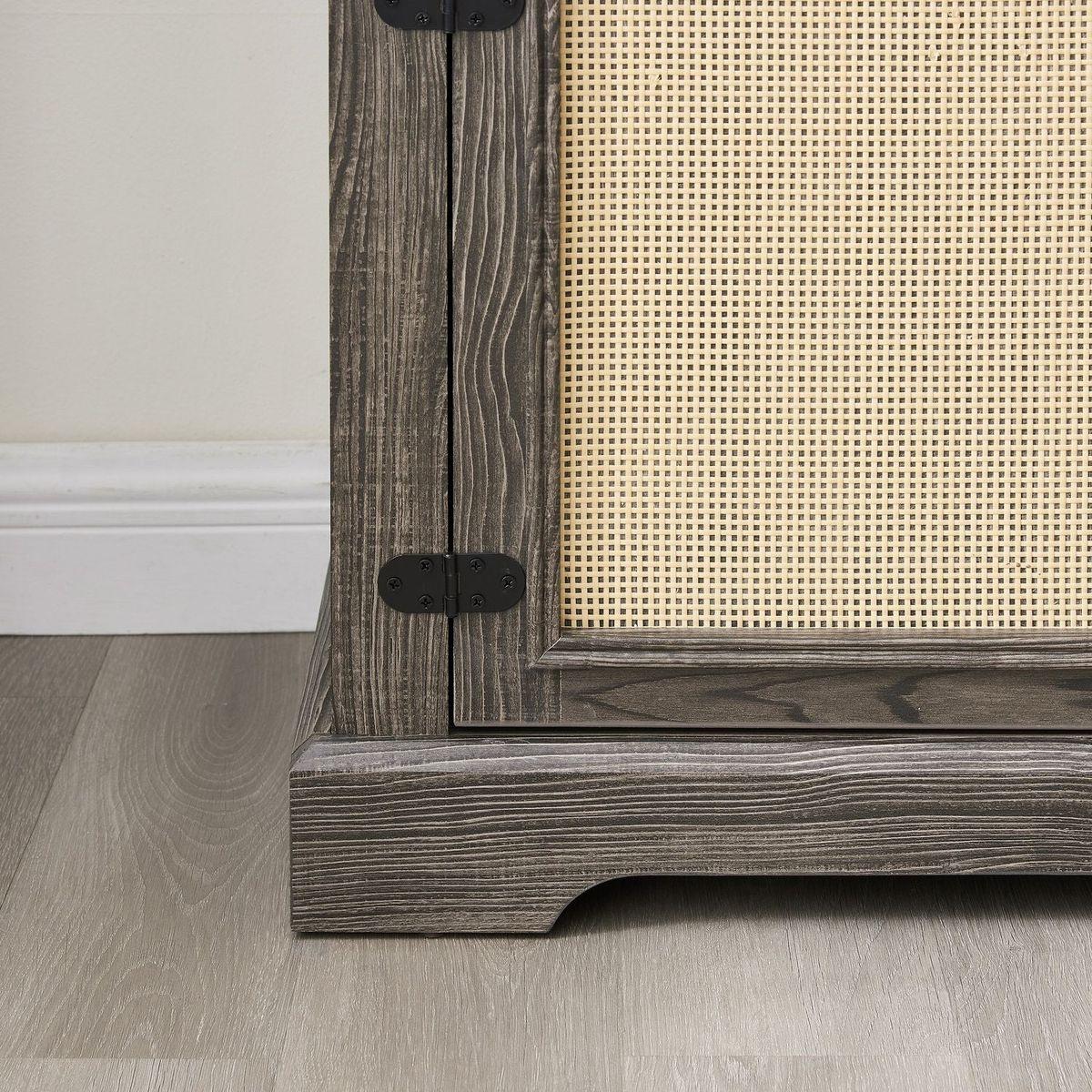 Farmhouse Rattan TV Stand Console Table for TVs up to 70 Inches, TV Console Table with 2 Storage Shelves, 2 Natural Rattan Door Cabinets, 65"Wx15.55"Dx23.86"H, Gray