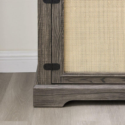 Farmhouse Rattan TV Stand Console Table for TVs up to 70 Inches, TV Console Table with 2 Storage Shelves, 2 Natural Rattan Door Cabinets, 65"Wx15.55"Dx23.86"H, Gray