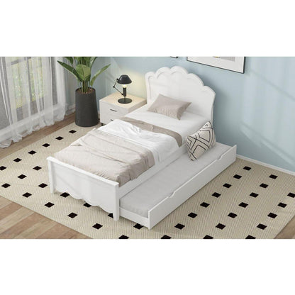 Twin Size Wood Platform Bed with Headboard and Twin Size Trundle, White