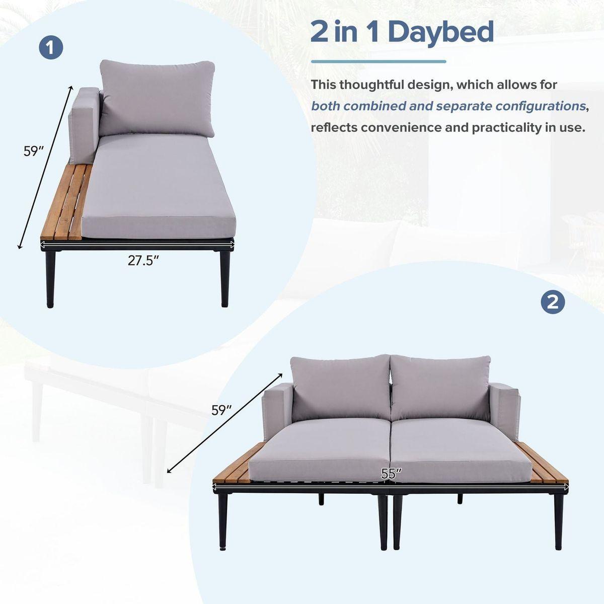 Modern Outdoor Daybed Patio Metal Daybed with Wood Topped Side Spaces for Drinks, 2 in 1 Padded Chaise Lounges for Poolside, Balcony, Deck, Gray