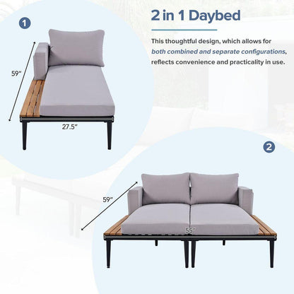 Modern Outdoor Daybed Patio Metal Daybed with Wood Topped Side Spaces for Drinks, 2 in 1 Padded Chaise Lounges for Poolside, Balcony, Deck, Gray