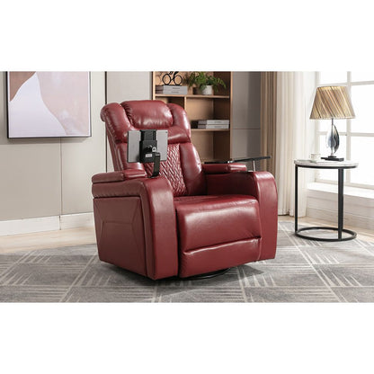 270 Degree Swivel PU Leather Power Recliner Individual Seat Home Theater Recliner with Comforable Backrest, Tray Table, Phone Holder, Cup Holder, USB Port, Hidden Arm Storage for Living Room, Red