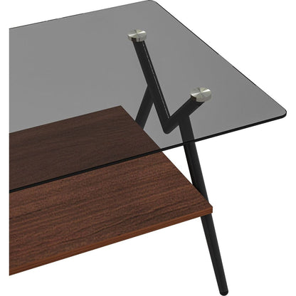 Rectangle Coffee Table with Tempered Glass top and Brown MDF Shelf, Modern Table for Living Room, Gray Glass