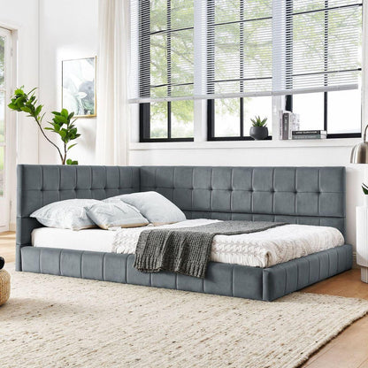 Full Size Upholstered Tufted Bed Frame, Sofa Bed Frame with Comfortable Backrest and Armrests, Full Size Bed for Bedroom, Living Room,Velvet, Grey(80.5"x59"x30.5")