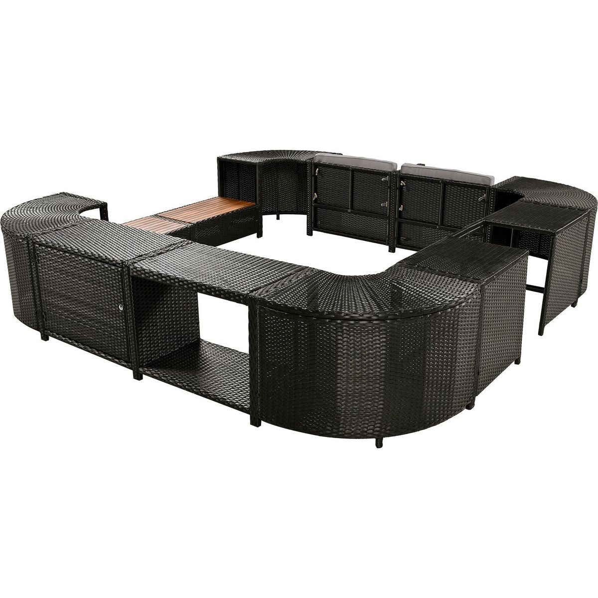 Spa Surround Spa Frame Quadrilateral Outdoor Rattan Sectional Sofa Set with Mini Sofa, Wooden Seats and Storage Spaces, Grey