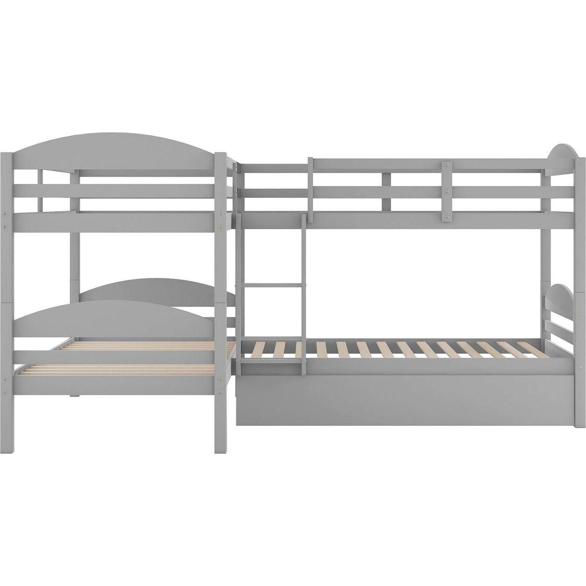 Twin L-Shaped Bunk bed with Trundle-Gray{O