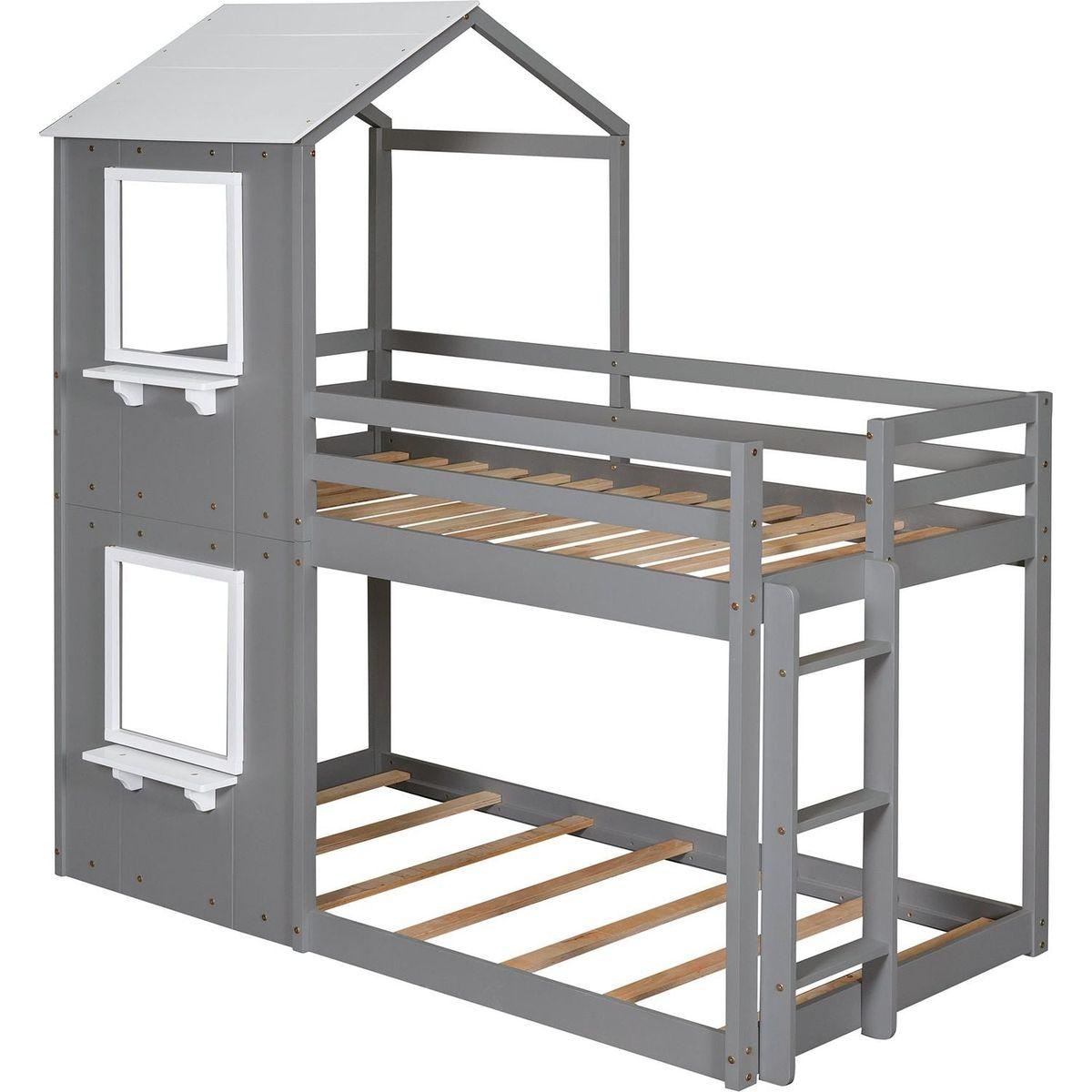 Twin Over Twin Bunk Bed Wood Bed with Roof, Window, Guardrail, Ladder (White)