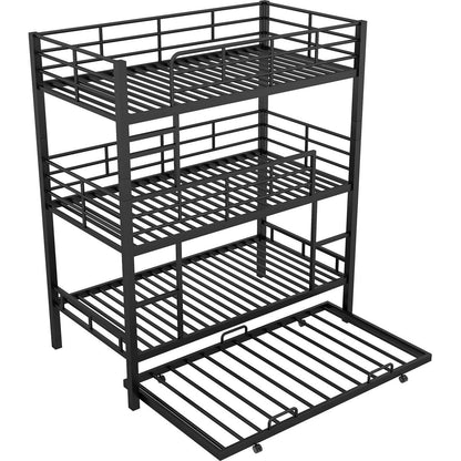 Metal Twin Size Triple Bunk Bed With Trundle, Black