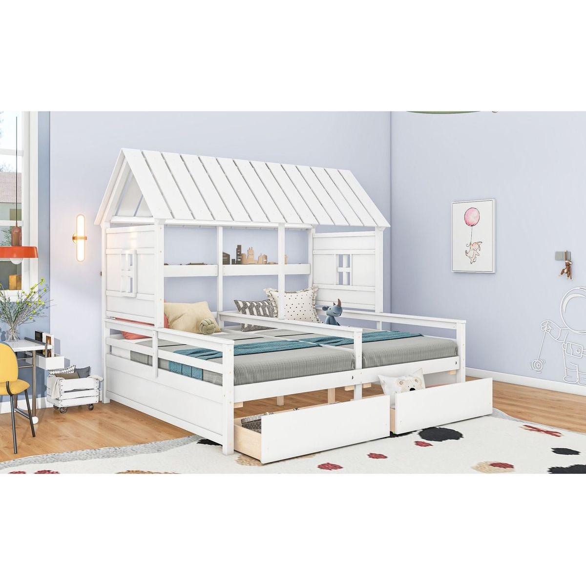 Twin Size House Platform Beds with Two Drawers for Boy and Girl Shared Beds, Combination of 2 Side by Side Twin Size Beds,White