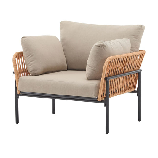 Beige and Light Wood-Tone Rope Iron Lounge Chair with Cushions for Natural and Modern Spaces