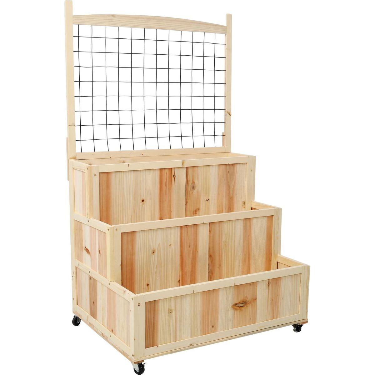 3-Tiers Raised Garden Bed with Trellis, 53" H Vertical Planter Box with Wheels & Back Storage Area, for Flowers, Vegetables, Herbs, Natural
