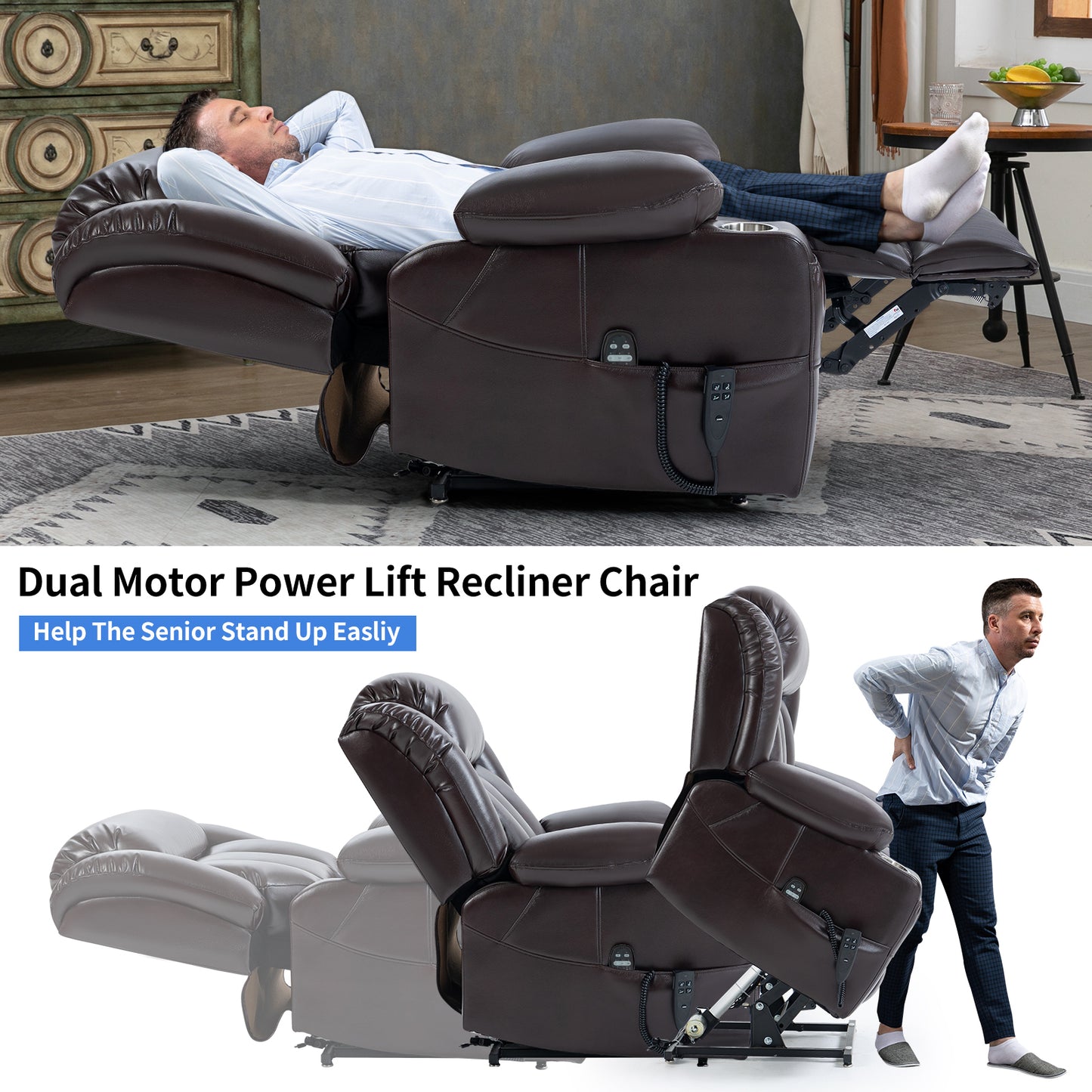 Dual Motor Infinite Position Up to 350 LBS Leatheraire Power Lift Recliner Chair, Heavy Duty Motion Mechanism with 8-Point Vibration Massage and Lumbar Heating, Stainless steel Cup Holders, Brown