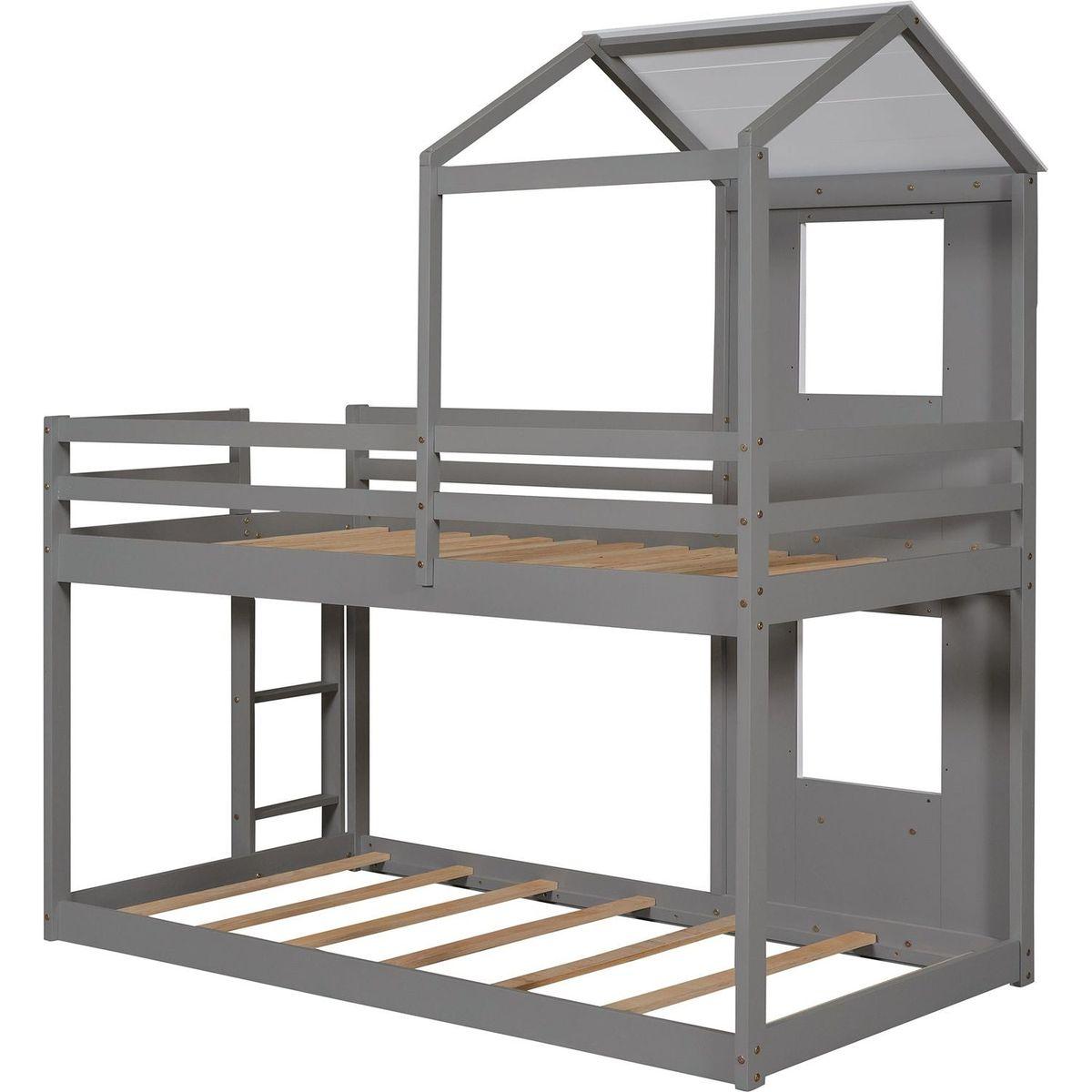 Twin Over Twin Bunk Bed Wood Bed with Roof, Window, Guardrail, Ladder (White)