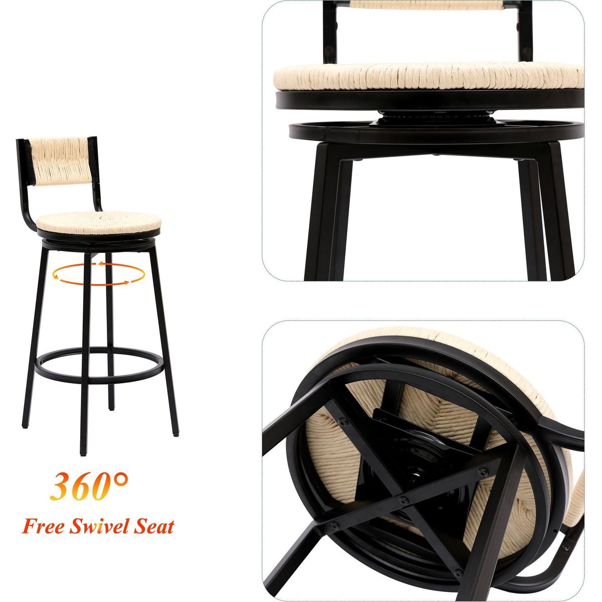 Creamy White Bar Stools Swivel Counter Chairs with Metal Frame Set of 2 Hand Woven Paper Rope Dining Barstools for Kitchen Counter (Creamy White)