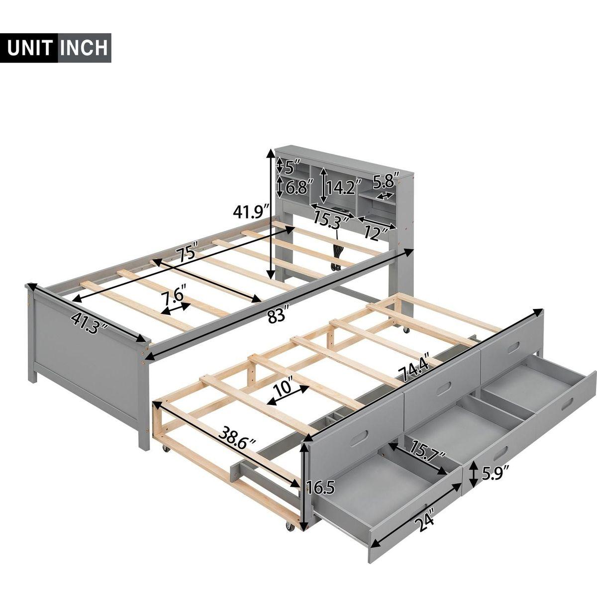 Twin Size Platform Bed with Storage Headboard, USB, Twin Size Trundle and 3 Drawers, Gray
