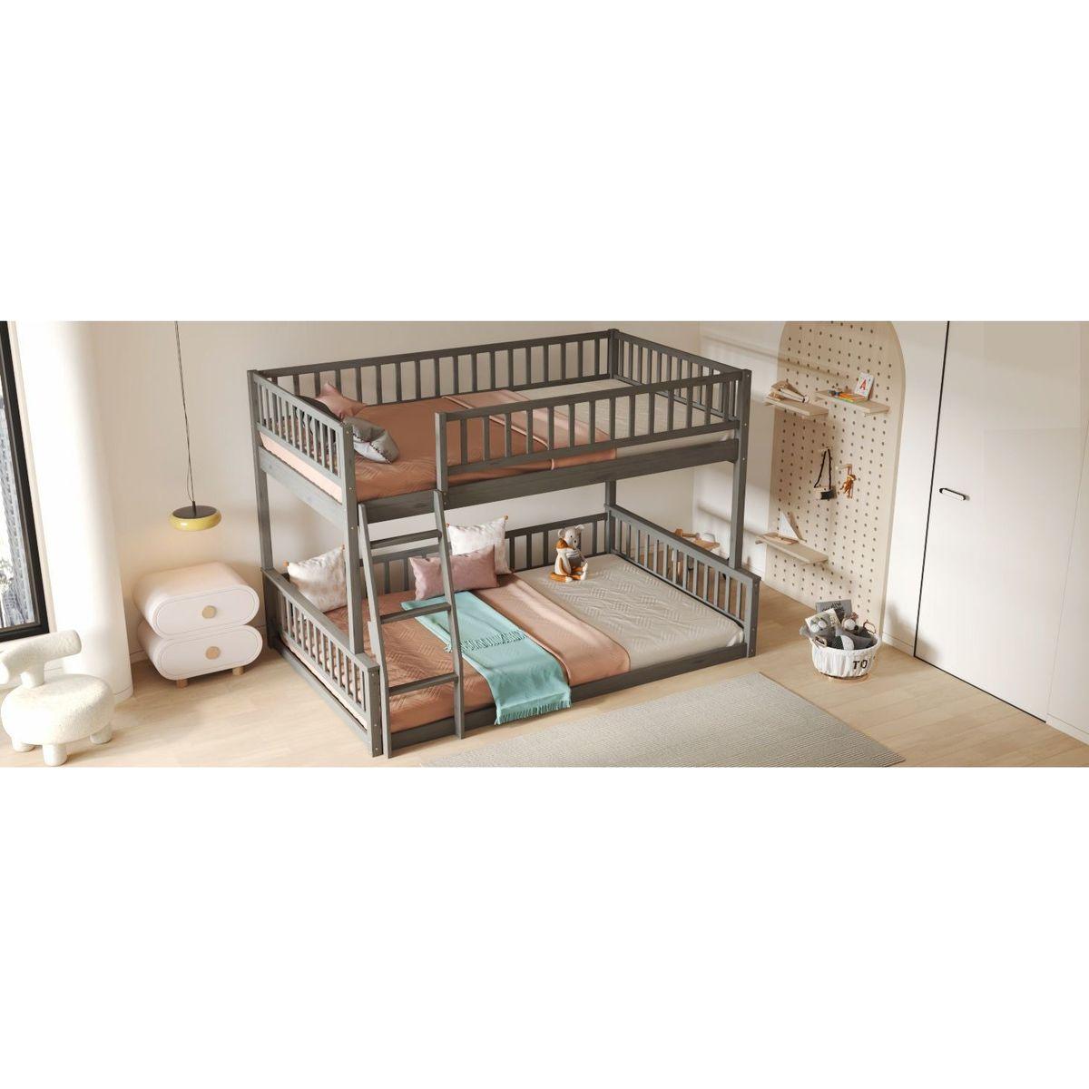 Full XL over Queen Bunk Bed with Ladder and Guardrails, Gray