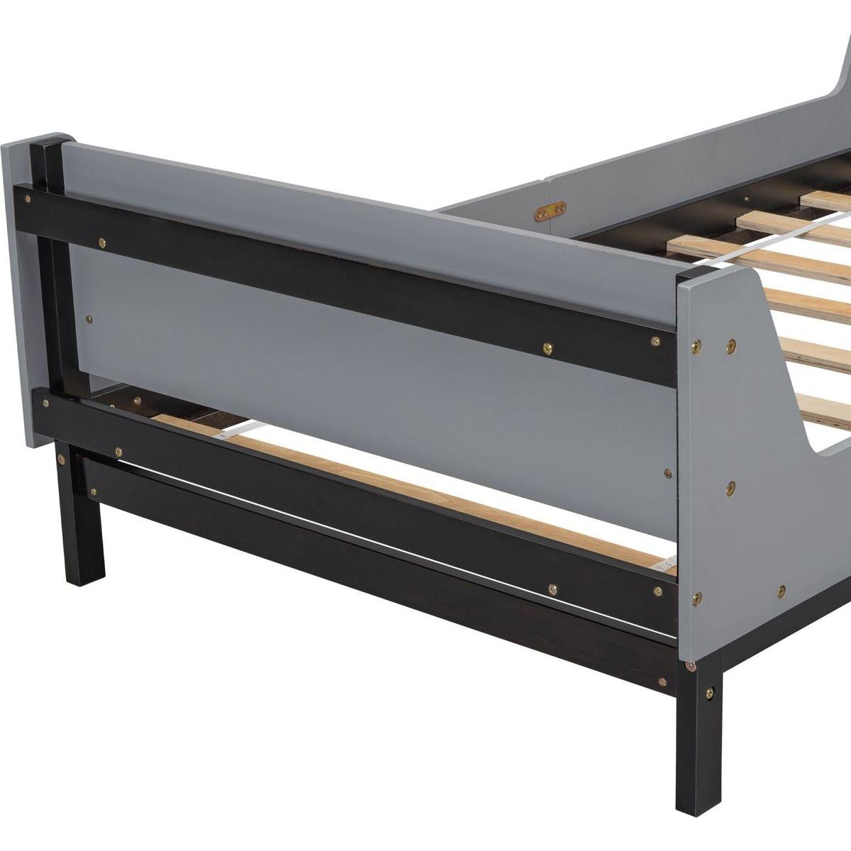 Twin Bed with Headboard, Footboard, Safeguards, Built-in Bed-end Book Storage Rack, Grey