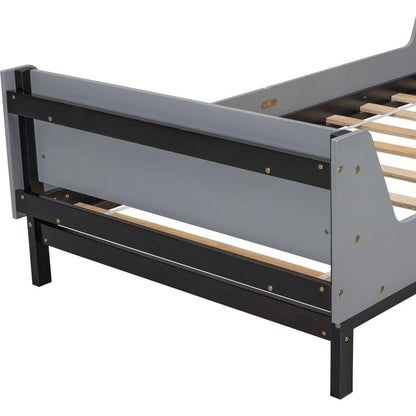 Twin Bed with Headboard, Footboard, Safeguards, Built-in Bed-end Book Storage Rack, Grey