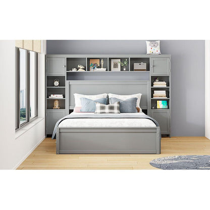 Queen Size Wooden Bed With All-in-One Cabinet, Shelf and Sockets, Gray