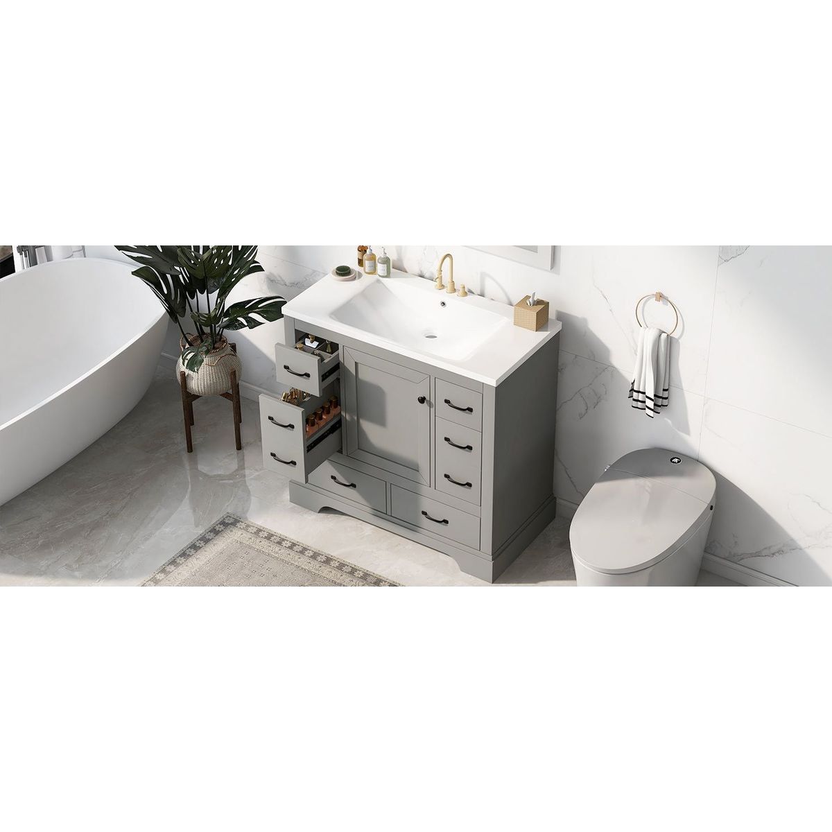 36" Bathroom Vanity with Sink Combo, Six Drawers, Multi-Functional Drawer Divider, Adjustable Shelf, Grey