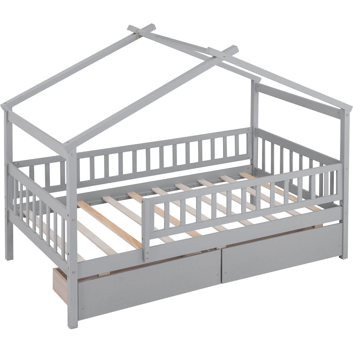 Twin Size Wooden House Bed with Two Drawers, Gray