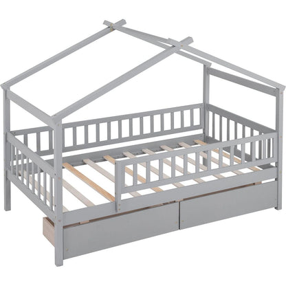 Twin Size Wooden House Bed with Two Drawers, Gray