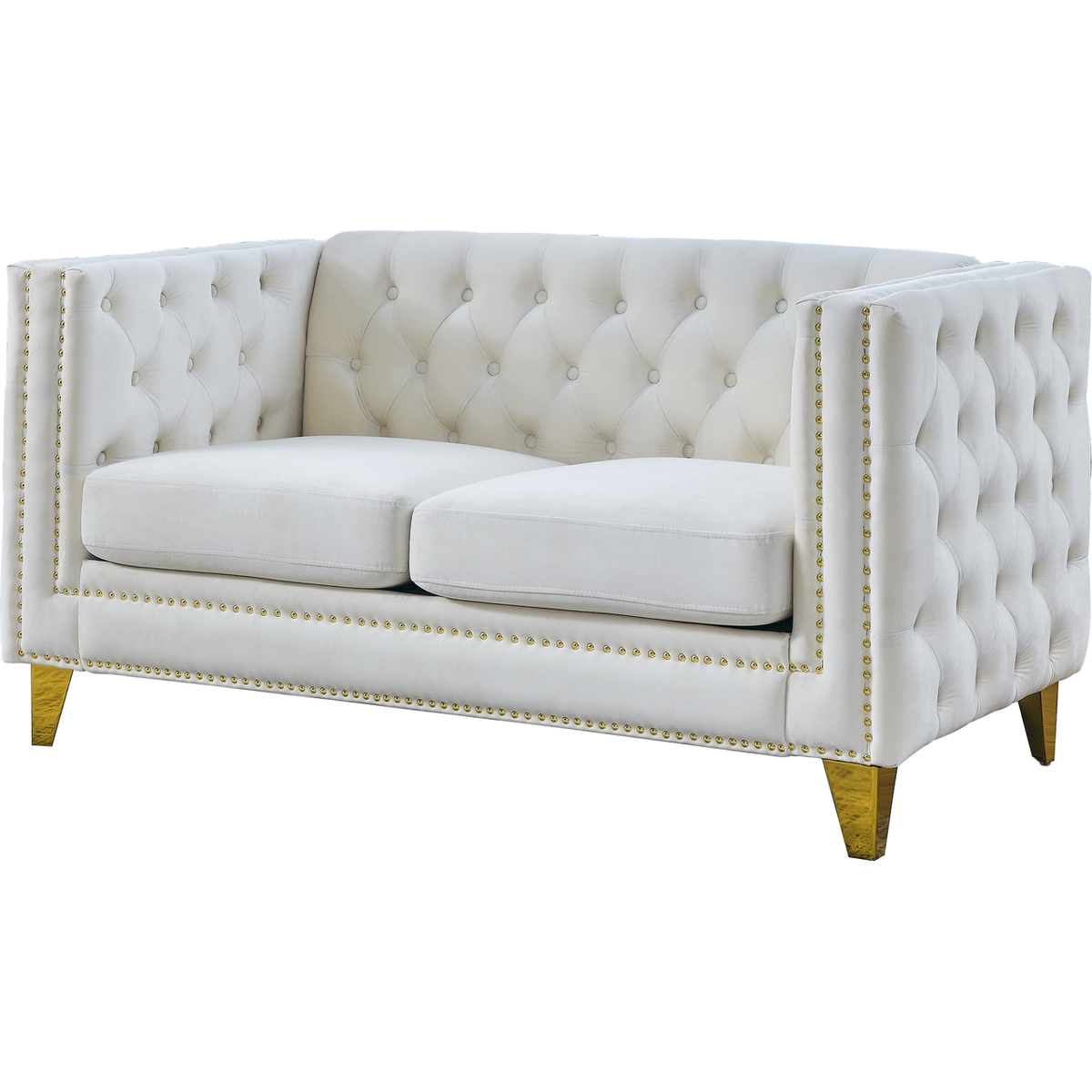 Velvet Sofa for Living Room,Buttons Tufted Square Arm Couch, Modern Couch Upholstered Button and Metal Legs, Sofa Couch for Bedroom, Beige Velvet-2S