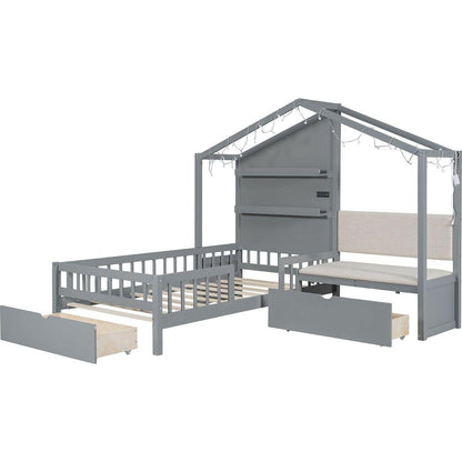 Twin Size House Bed with Upholstered Sofa, House Bed with Charging Station, Wireless Charging, Shelves and Two Drawers, Gray