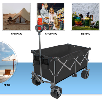 Collapsible Folding Wagon, Push Pull Foldable Beach Wagon Cart