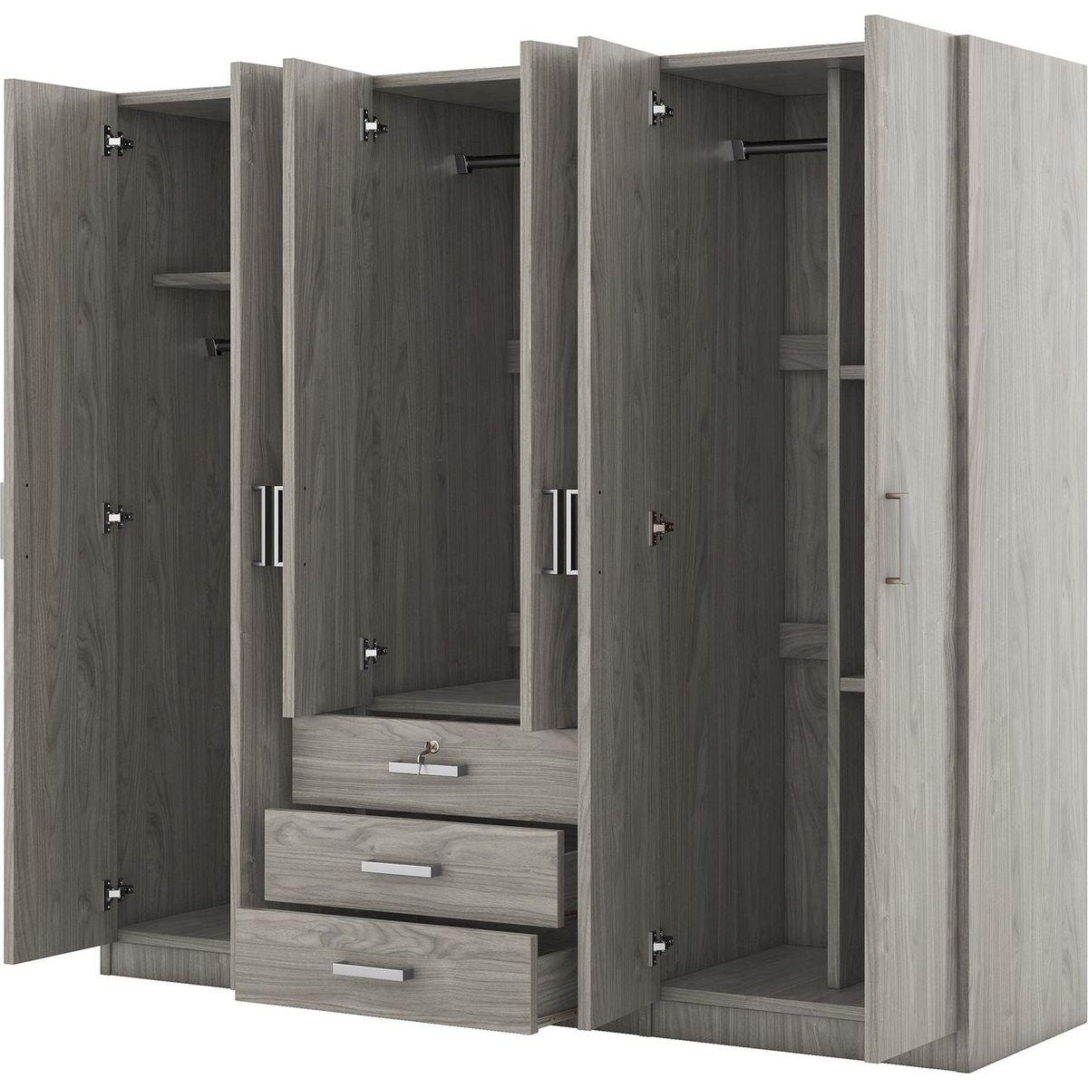 6-Doors Wooden Wardrobe Storage for Bedroom, with Big Drawers, Gray
