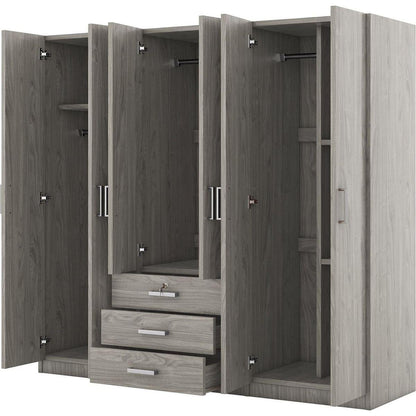 6-Doors Wooden Wardrobe Storage for Bedroom, with Big Drawers, Gray