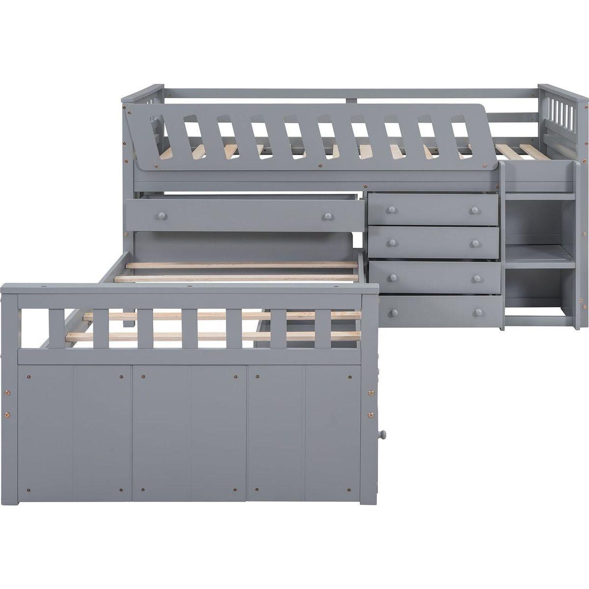 L-shaped Space-Saving Twin Loft and Twin Platform Bed with 7 Drawers and Full Guardrails(GRAY)