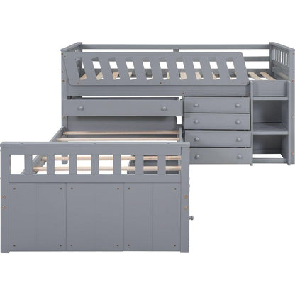 L-shaped Space-Saving Twin Loft and Twin Platform Bed with 7 Drawers and Full Guardrails(GRAY)