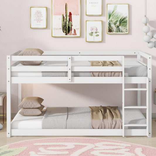 Solid Wooden, Solid Rubber Wooden Twin over Twin Loft Bed with Ladder, with Bed Platform of Strengthened Slats,White - Streamdale Furniture