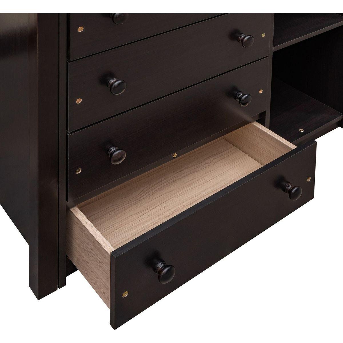 Wooden Twin Over Full Bunk Bed With Six Drawers And Flexible Shelves,Bottom Bed With Wheels,Espresso