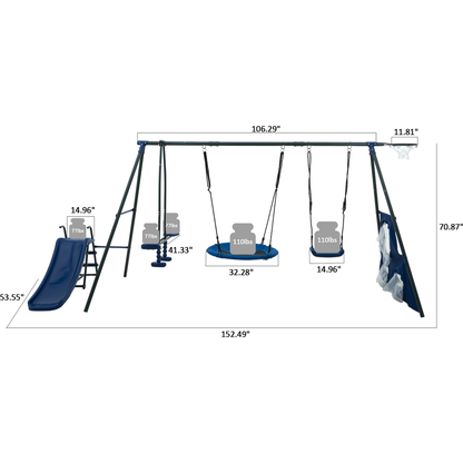 XNS052 grey and blue interesting six function swingset with net swing metal plastic safe swing set 440lbs for outdoor playground for age 3+ with 31.5in net swing